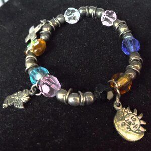 COLORFUL FACETED CRYSTALS STERLING BEADS ANGEL, MOON/SUN & CROSS BRACELET 6